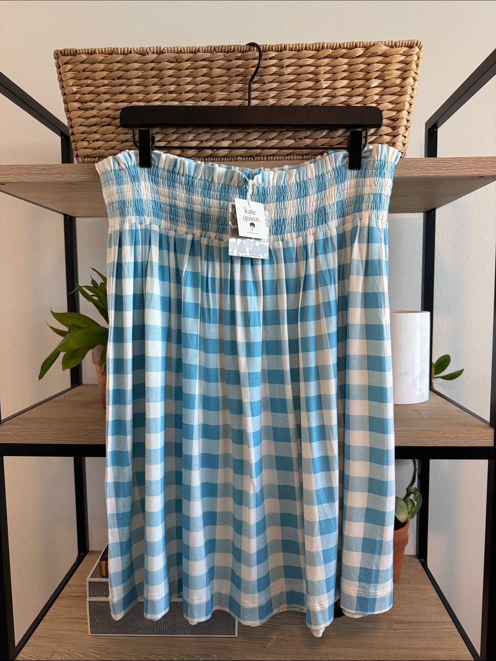 NWT Kate Quinn Knit Pull On Blue and White Gingham Smocked Waist Midi Skirt, XL